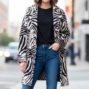 Liverpool Open Front Cardigan Sweater Long Blazer with Pockets Zebra Jacquard